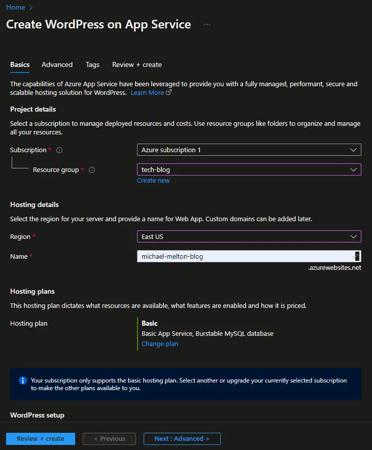 Azure Create WordPress on App Service form using the tech-blog resource group, East US and the Basic plan