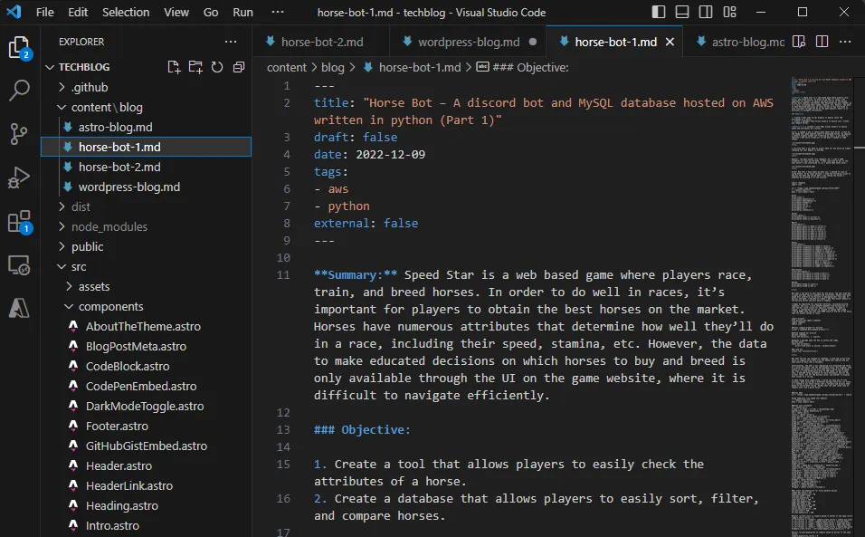 VS Code editing a blog post converted to Markdown with frontmatter, inside the Astro project