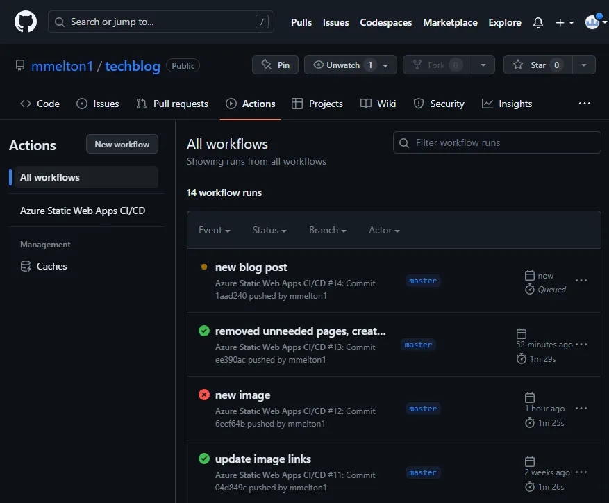 GitHub Actions list of Azure Static Web Apps workflow runs with passed, failed and queued builds