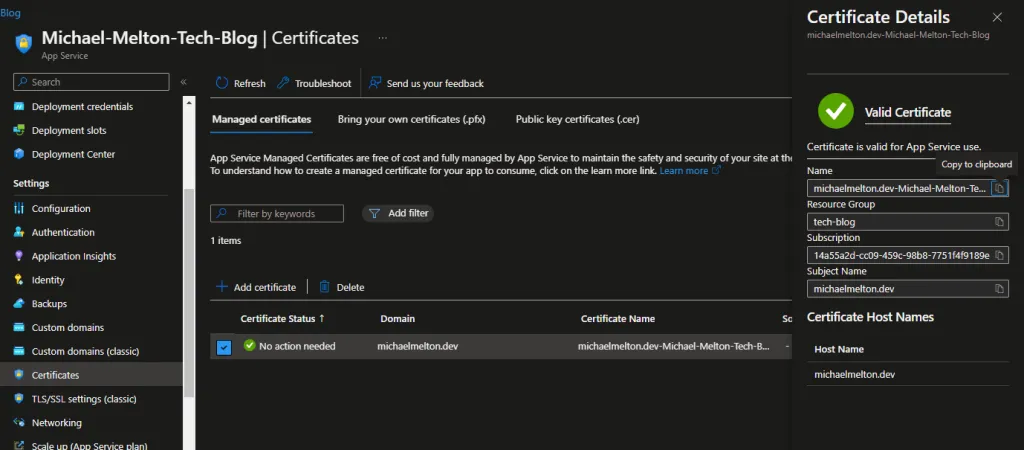 Azure App Service Certificates page showing a valid free managed certificate for the blog domain