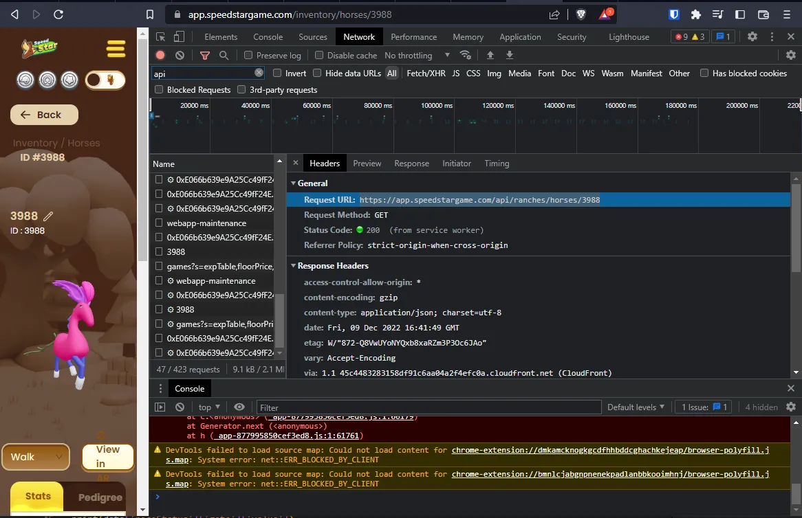 Browser dev tools Network tab filtered by api, showing the Speed Star horse data request URL