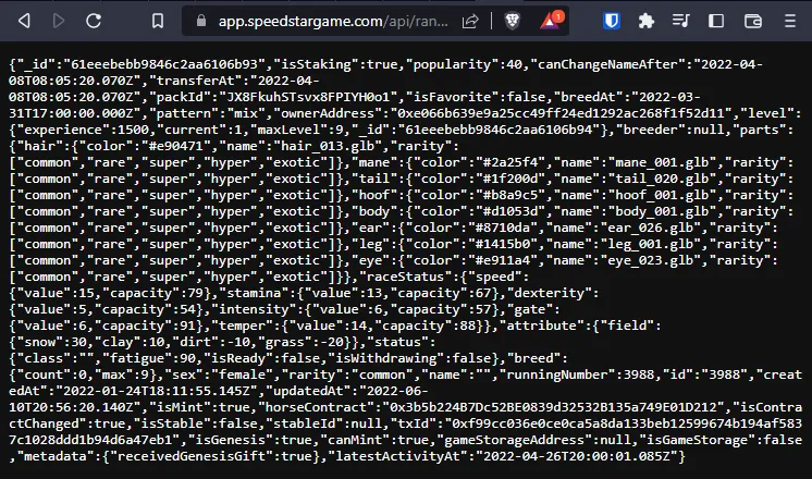 Unformatted JSON response from the Speed Star API for a single horse