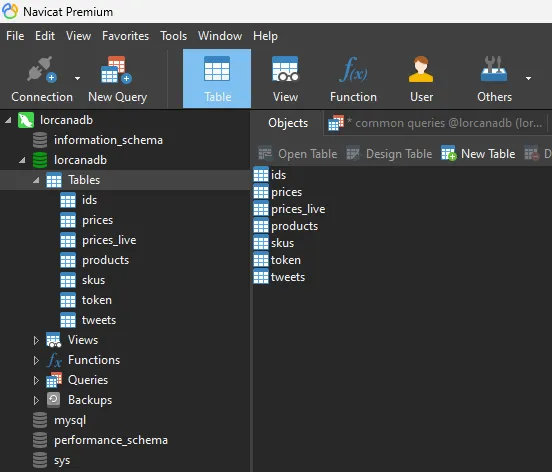 Navicat showing the lorcanadb MySQL database with ids, prices, products, skus, token and tweets tables
