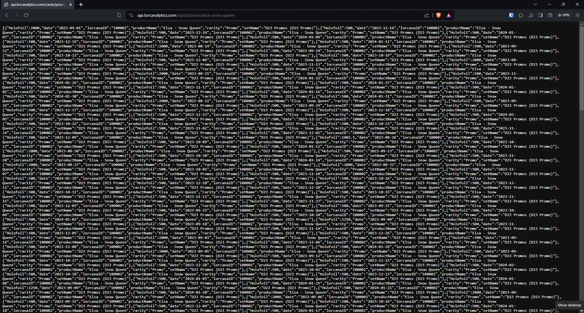 Browser showing the raw JSON array the Go API returns for Elsa - Snow Queen daily prices